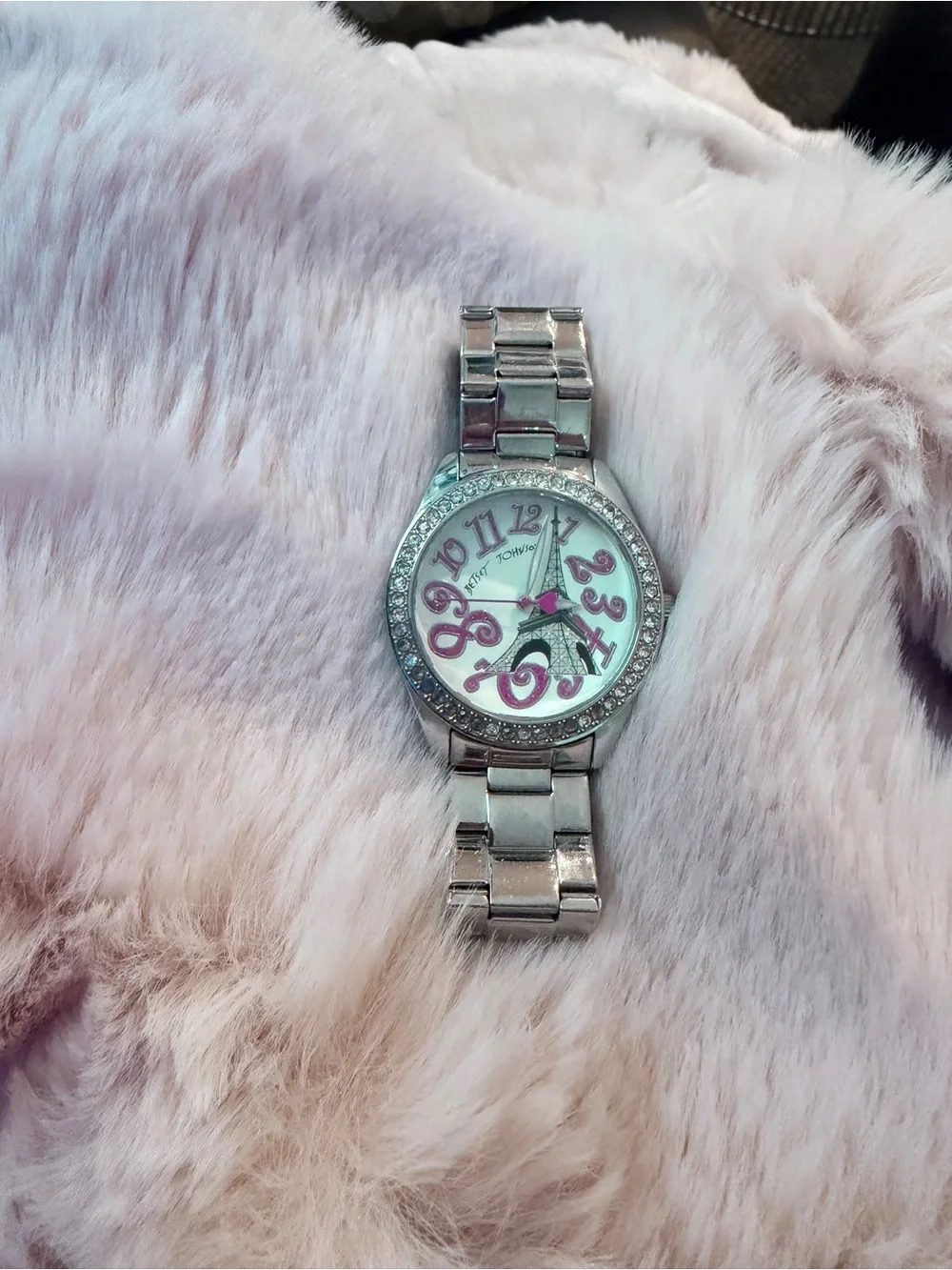 Betsey Johnson Silver Bracelet Watch with Pink Dial and Crystal Bezel
